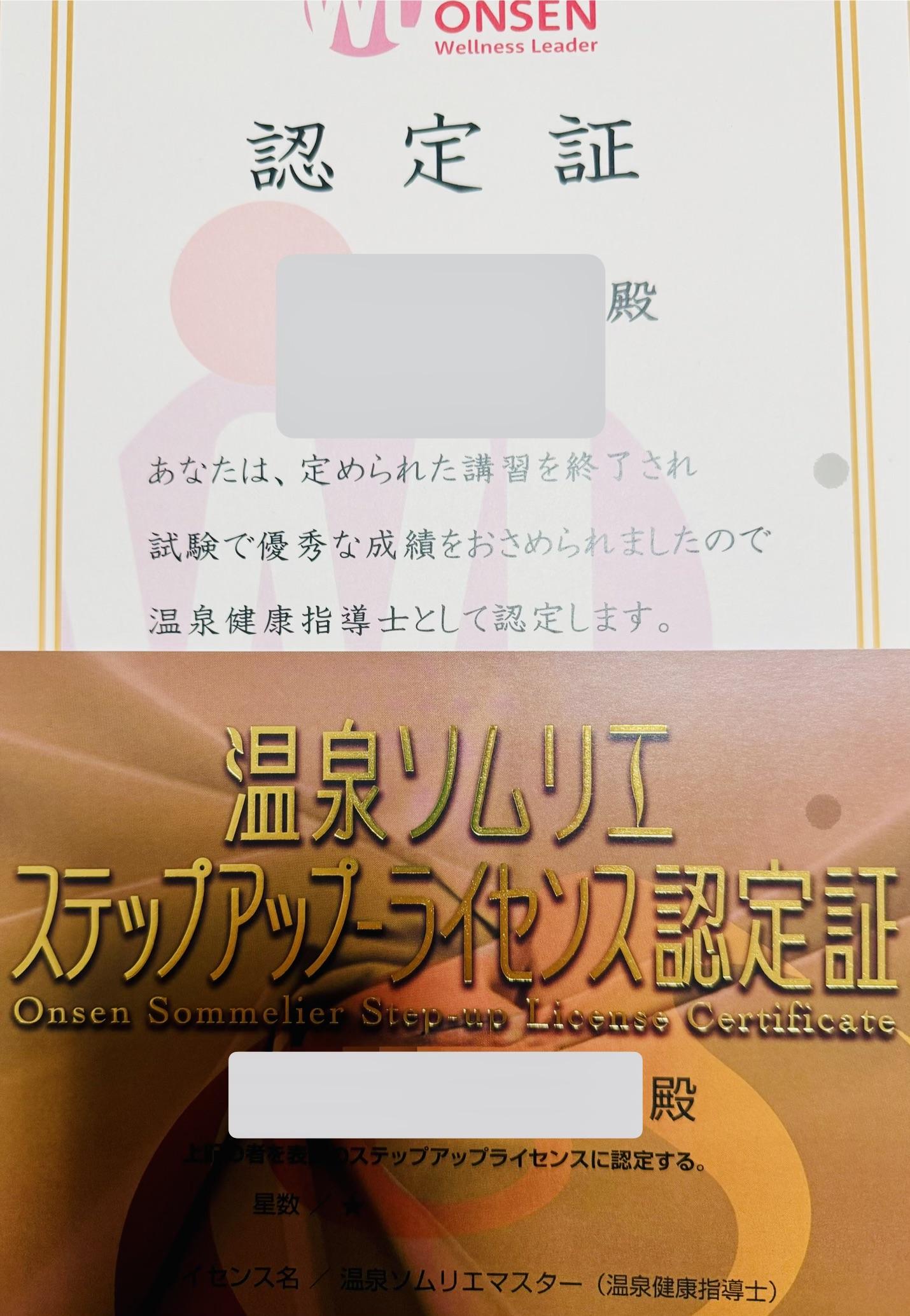 温泉ソムリエマスターと温泉健康指導士の認定証